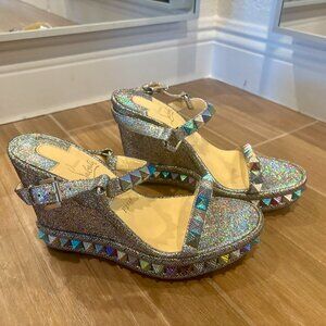 Christian Louboutin Pyraclou Metallic Spike Wedge Platform Sandal Size 38